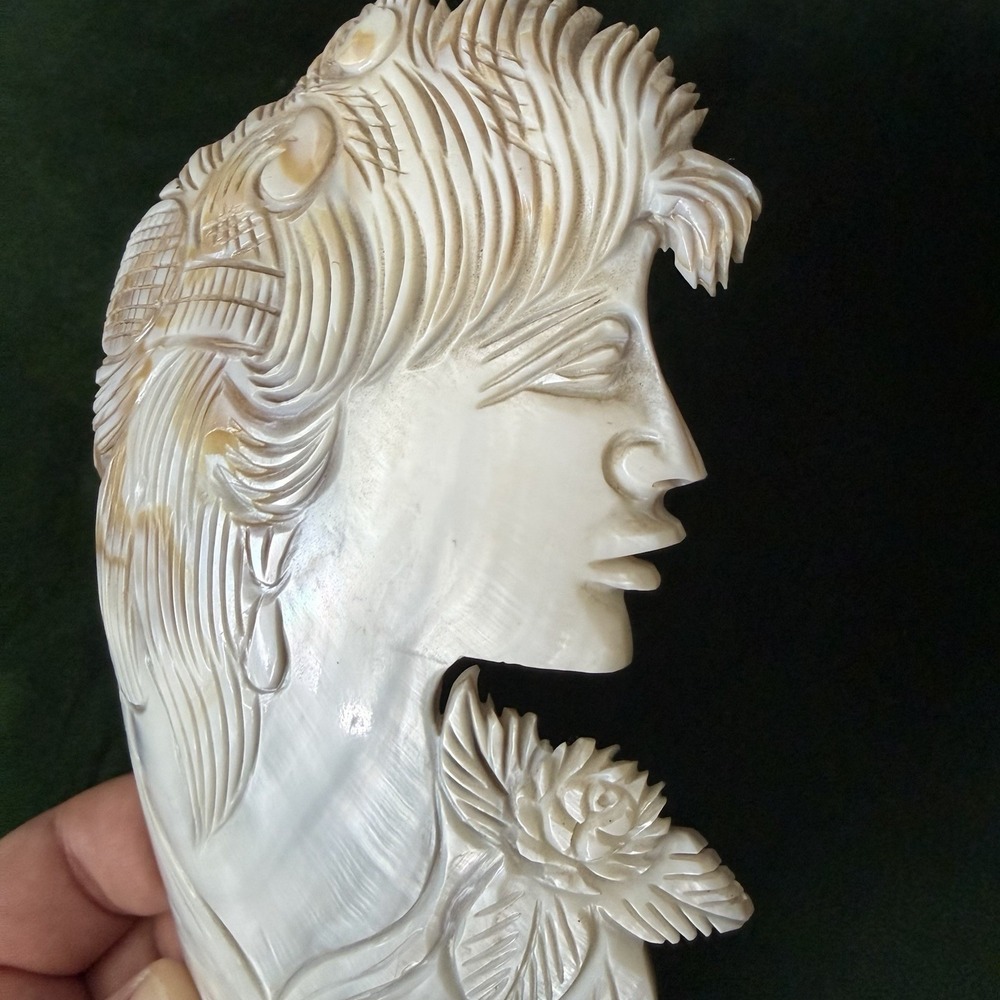 Antique Hand Carved Mother Of Pearl Shell Cameo Large 6-1/2" x 4" Woman Figure - Picture 13 of 15